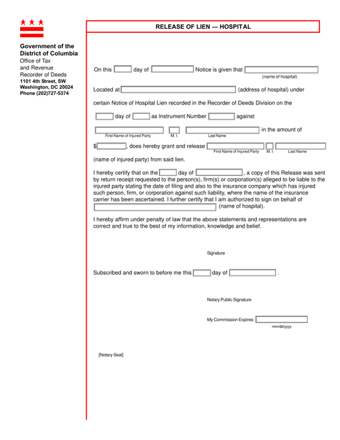 Form ROD22 Release of Lien - Hospital - Washington, D.C.