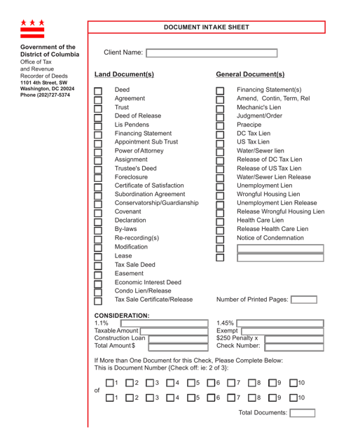 Form ROD31 Document Intake Sheet - Washington, D.C.