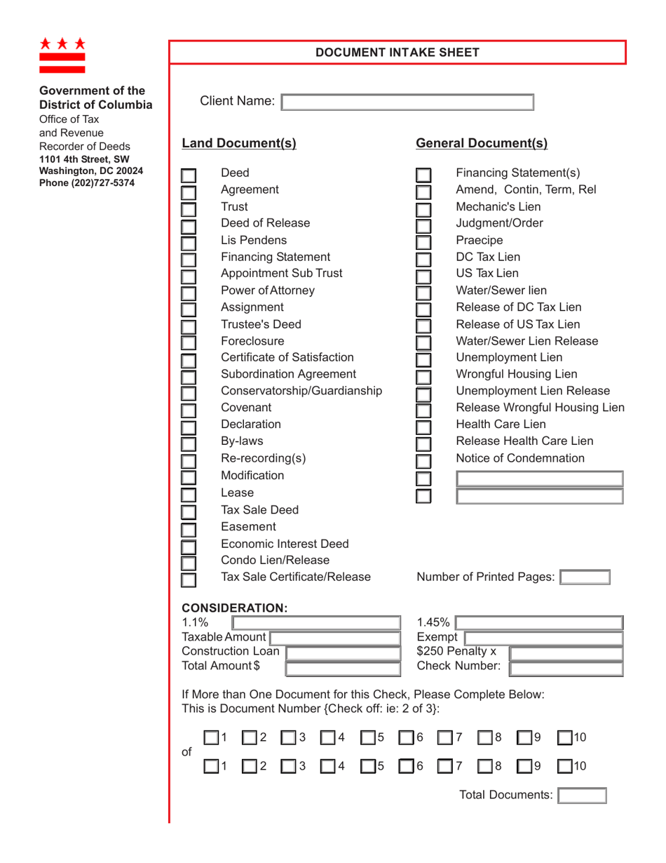 Form ROD31 Document Intake Sheet - Washington, D.C., Page 1