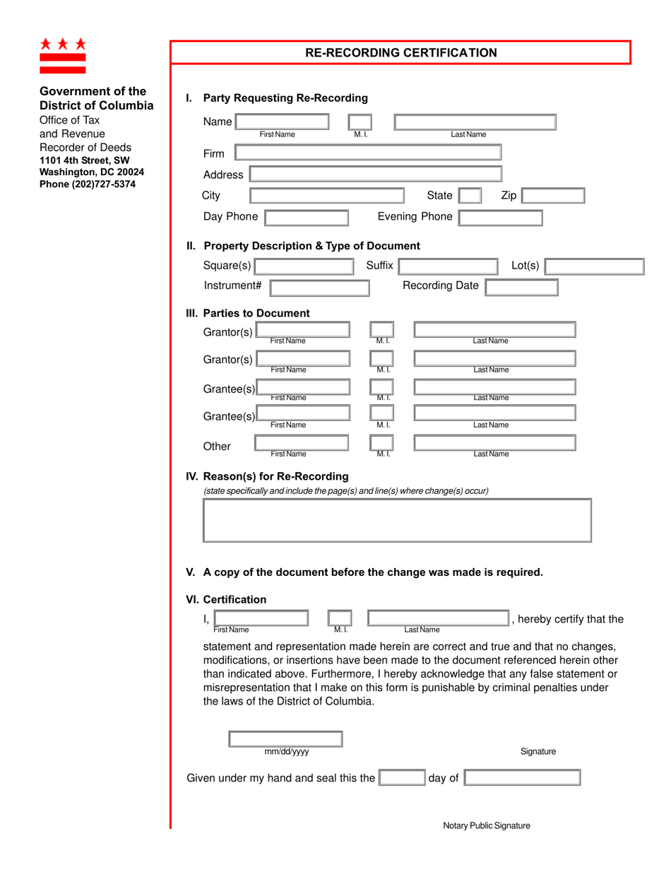 Form ROD24 Re-recording Certification - Washington, D.C., Page 1