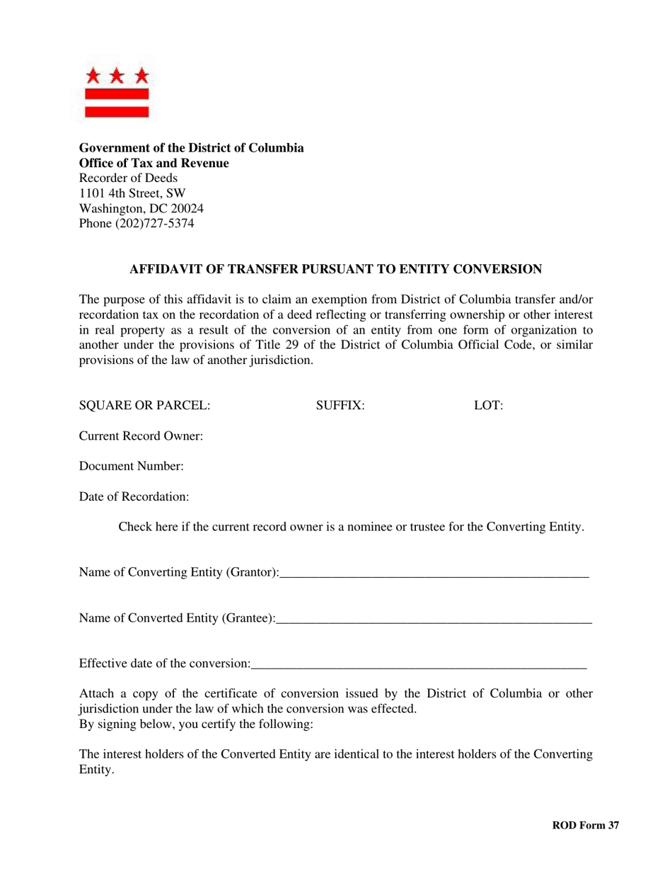 Form ROD37 Affidavit of Transfer Pursuant to Entity Conversion - Washington, D.C., Page 1