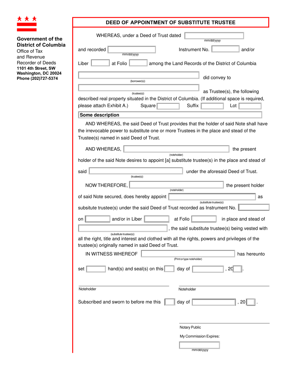 Form ROD30 Deed of Appointment of Substitute Trustee - Washington, D.C., Page 1