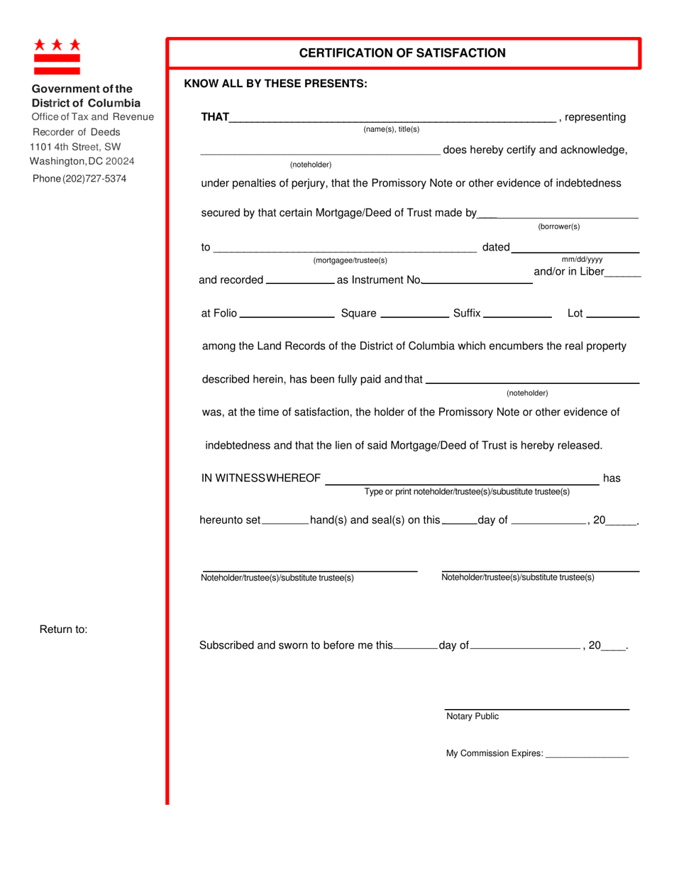 Form ROD26 Certification of Satisfaction - Washington, D.C., Page 1