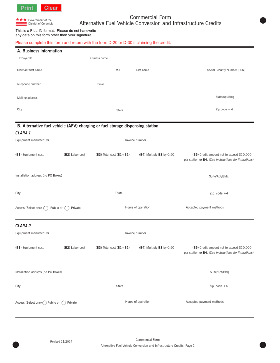 Alternative Fuel Vehicle Conversion and Infrastructure Credits - Commercial Form - Washington, D.C., Page 1