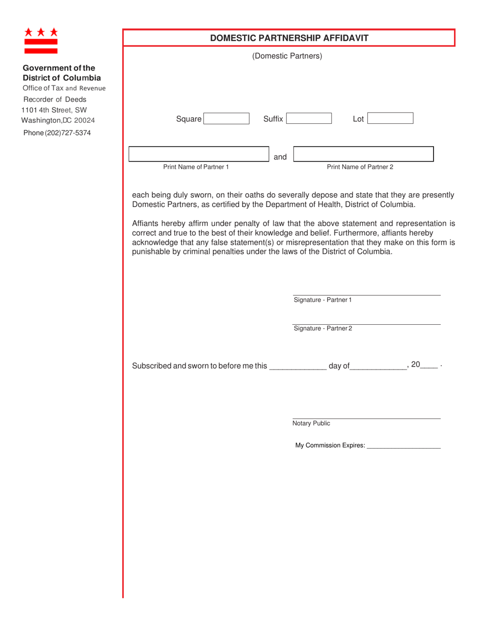 Form ROD32 Domestic Partnership Affidavit - Washington, D.C., Page 1