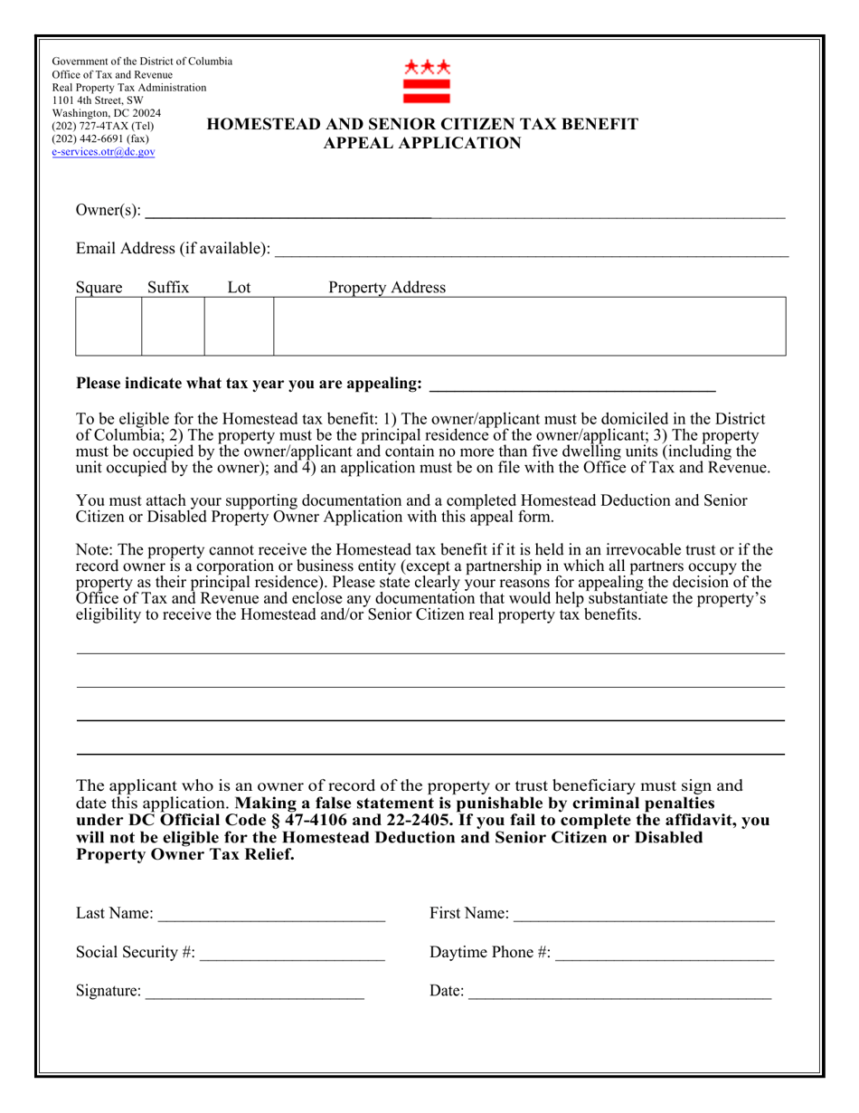 Washington, D.C. Homestead and Senior Citizen Tax Benefit Appeal ...