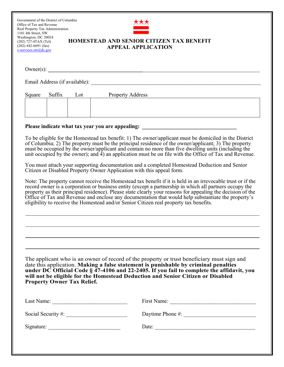 Homestead and Senior Citizen Tax Benefit Appeal Application - Washington, D.C., Page 1
