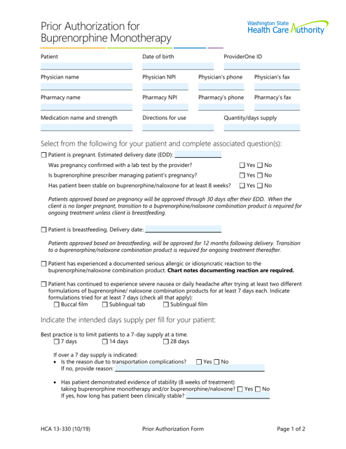 Form HCA13-330 Prior Authorization for Buprenorphine Monotherapy - Washington