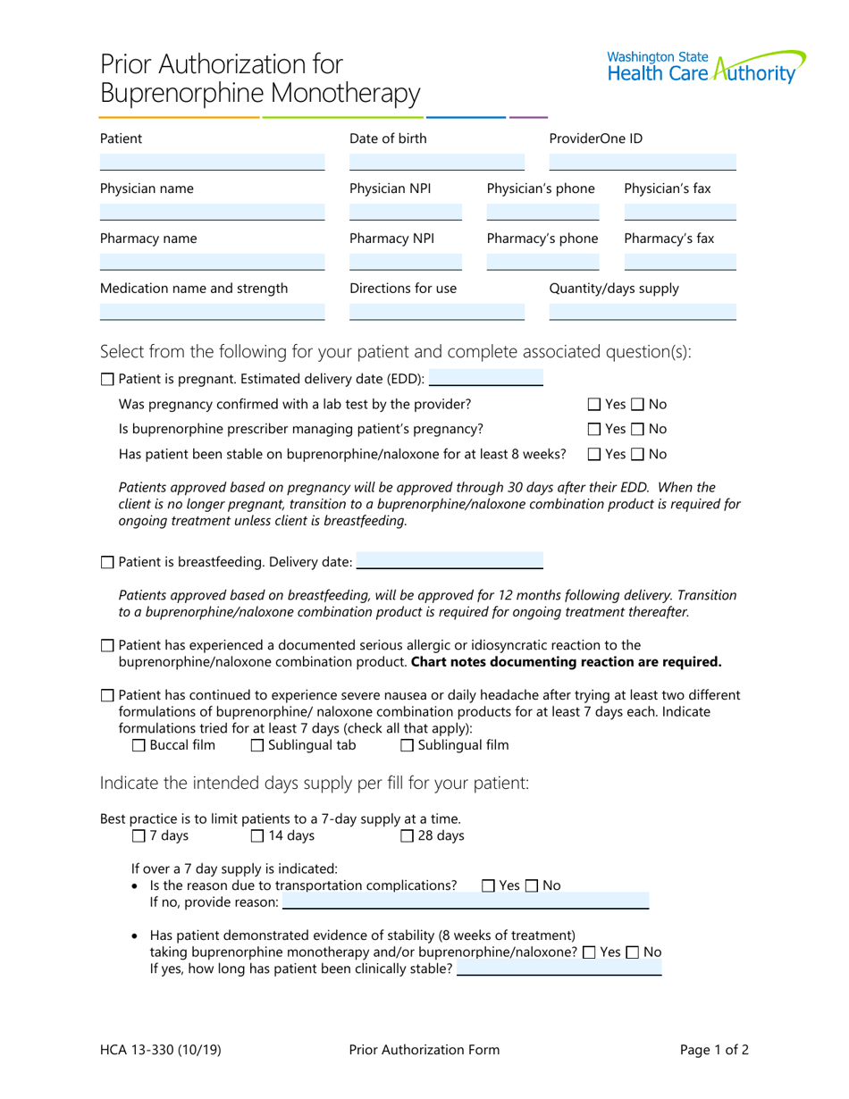 Form HCA13-330 Prior Authorization for Buprenorphine Monotherapy - Washington, Page 1