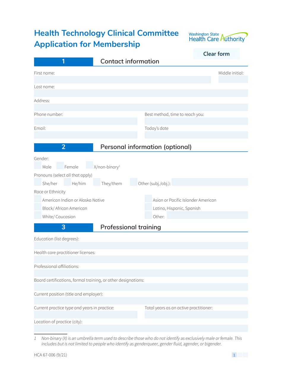 Form HCA67-006 Health Technology Clinical Committee Application for Membership - Washington, Page 1