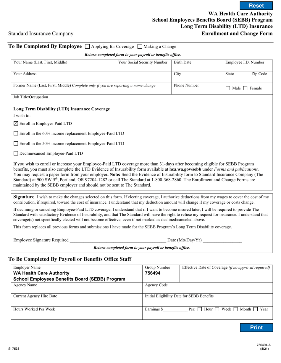 Form SI7533 (756494-A) Long-Term Disability Insurance Enrollment / Change Form - School Employees Benefits Board (Sebb) Program - Washington, Page 1