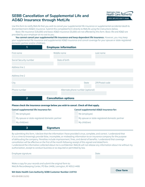 Form HCA20-0192  Printable Pdf