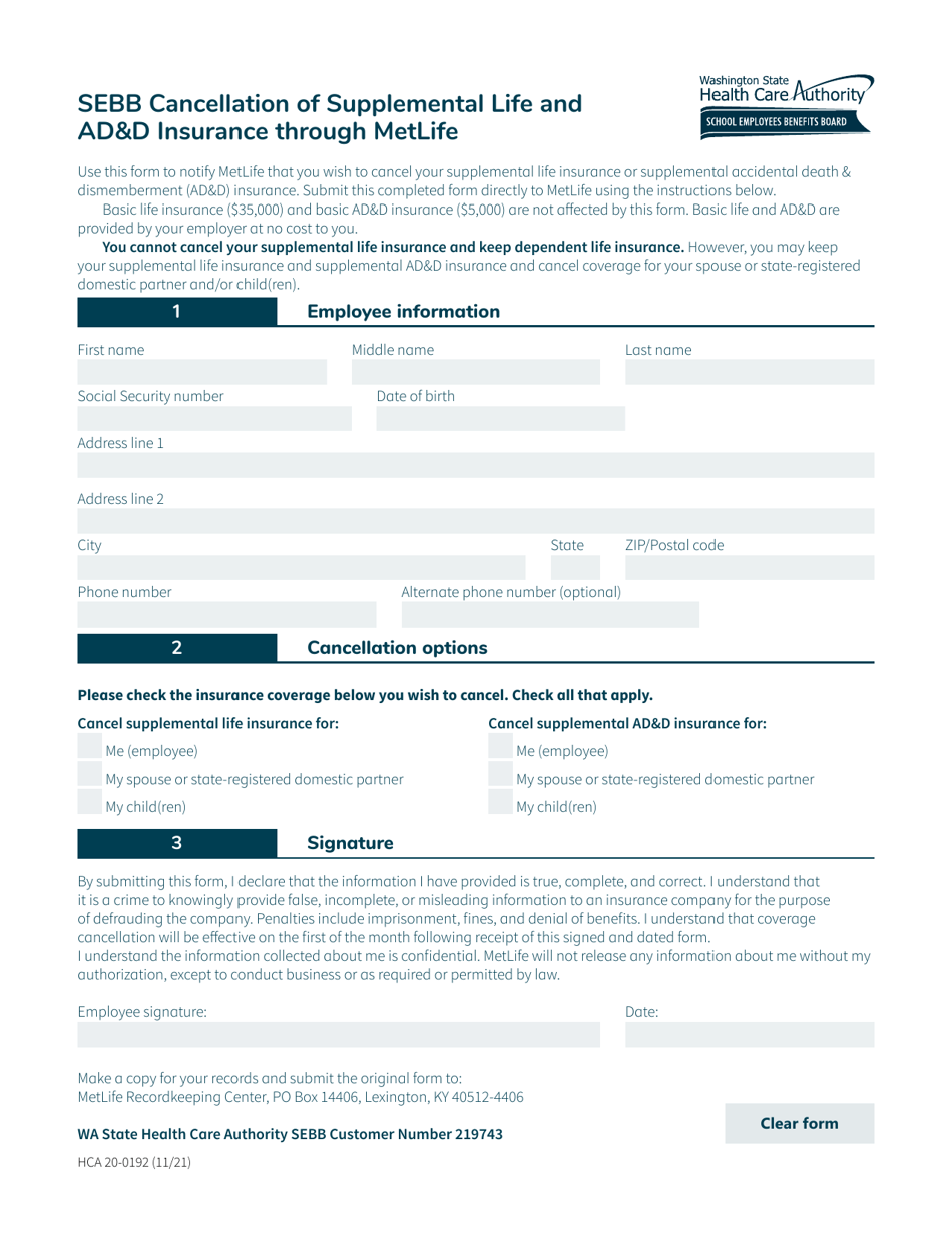 Form HCA20-0192 Sebb Cancellation of Supplemental Life and Add Insurance Through Metlife - Washington, Page 1