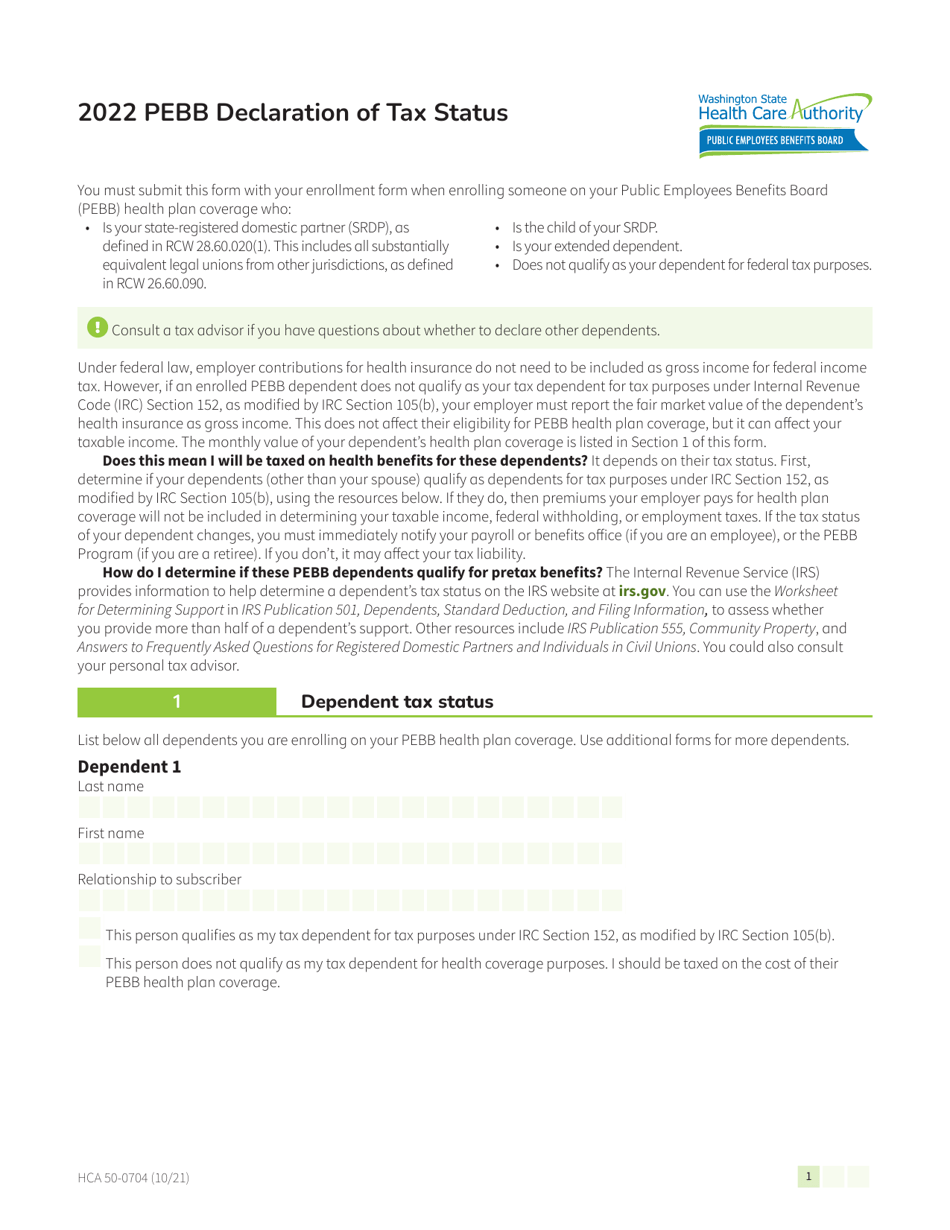 Form HCA50-0704 Pebb Declaration of Tax Status - Washington, Page 1