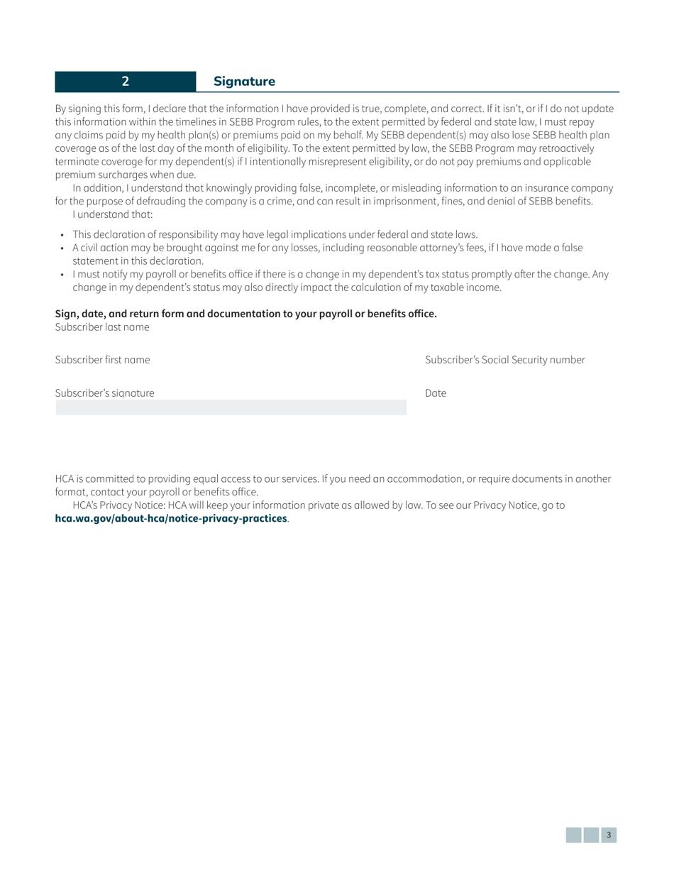 Form HCA20-0087 Sebb Declaration of Tax Status - Washington, Page 3