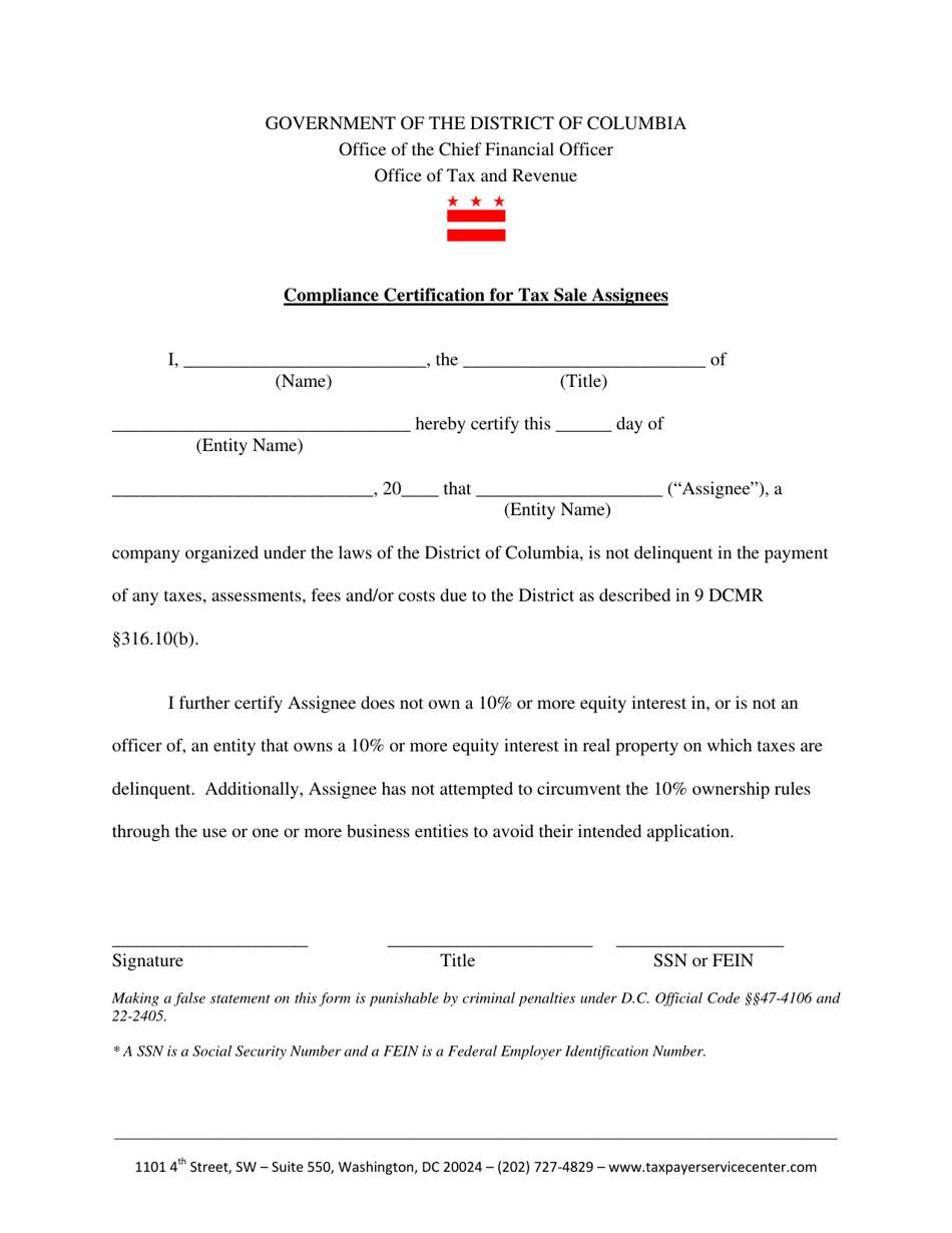 Compliance Certification for Tax Sale Assignees - Washington, D.C., Page 1