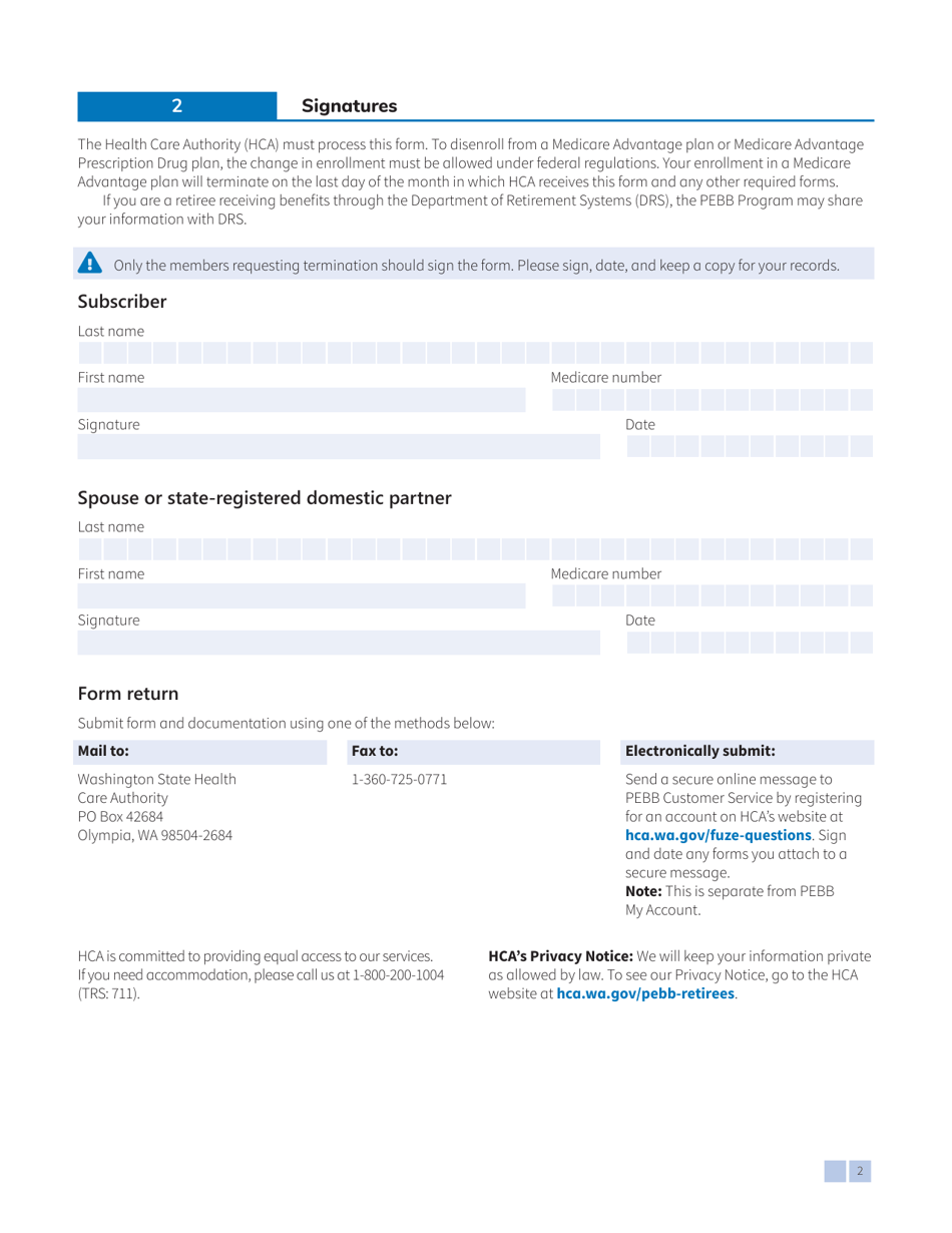 Form HCA51-0556 (D) Pebb Medicare Advantage Plan Disenrollment Form - Washington, Page 2