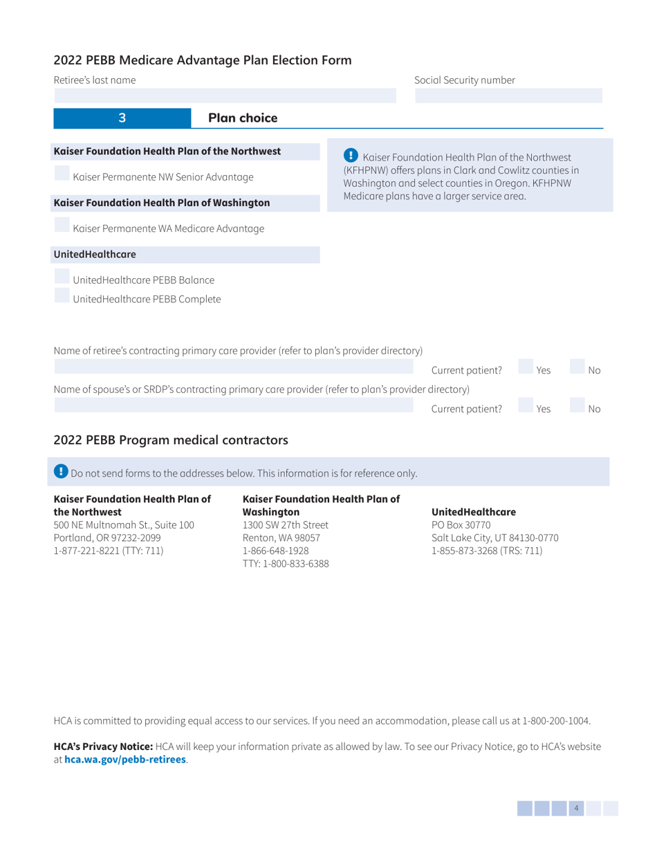 Form HCA51-0576 (C) Pebb Medicare Advantage Plan Election Form - Washington, Page 4