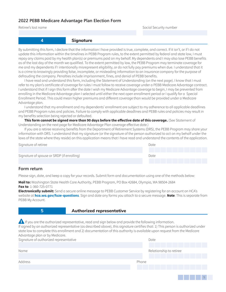 Form HCA51-0576 (C) Pebb Medicare Advantage Plan Election Form - Washington, Page 5