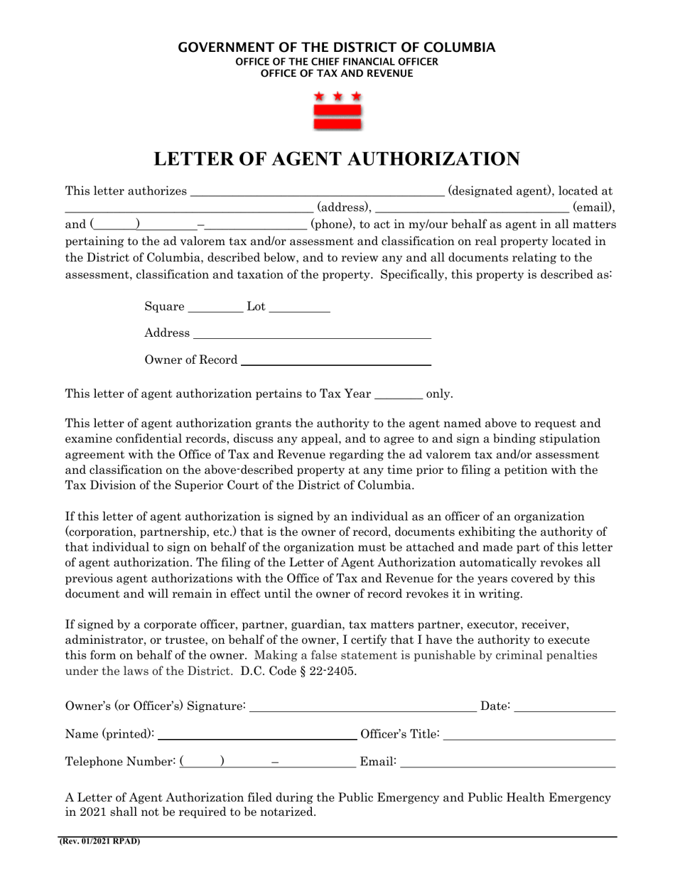 Letter of Agent Authorization - Washington, D.C., Page 1
