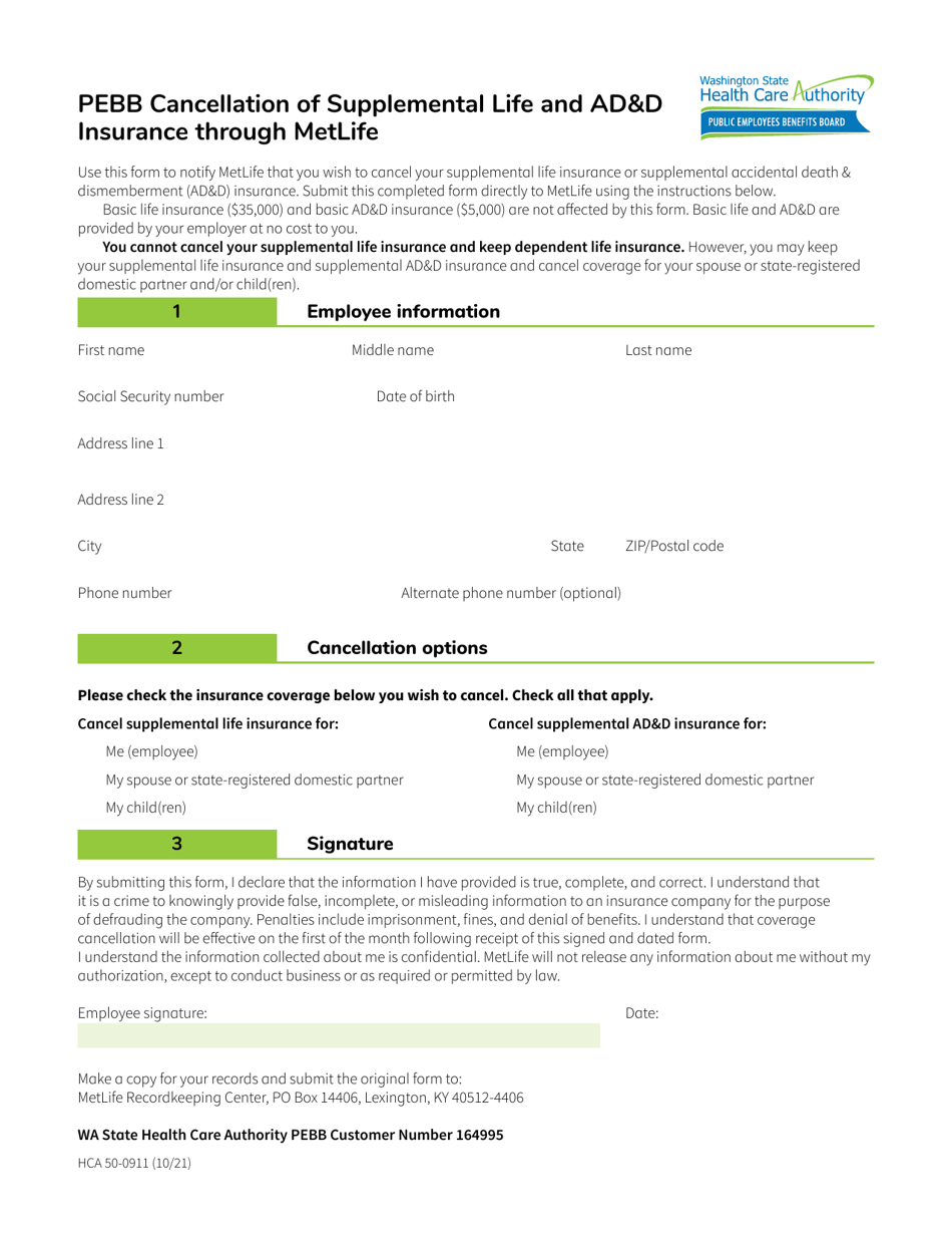 Form HCA50-0911 Pebb Cancellation of Supplemental Life and Add Insurance Through Metlife - Washington, Page 1