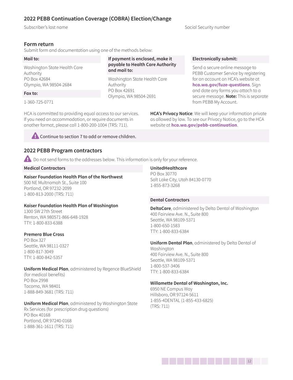Form HCA50-0136 Pebb Continuation Coverage (Cobra) Election / Change - Washington, Page 12