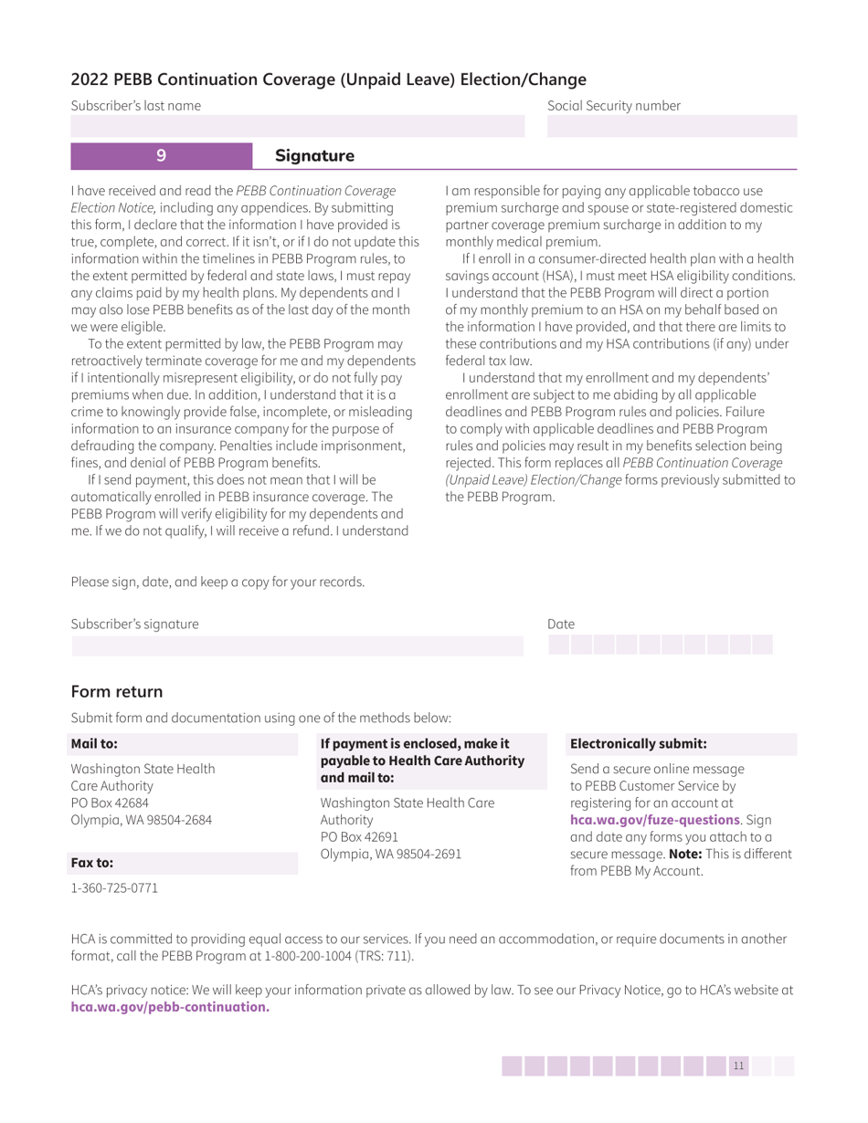 Form HCA50-0135 Pebb Continuation Coverage (Unpaid Leave) Election / Change - Washington, Page 11