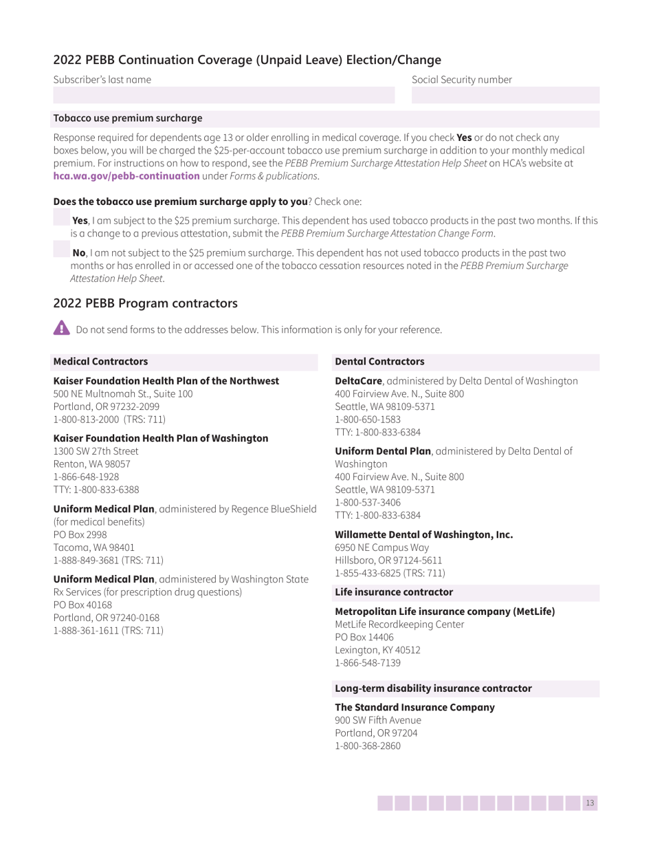 Form HCA50-0135 Pebb Continuation Coverage (Unpaid Leave) Election / Change - Washington, Page 13