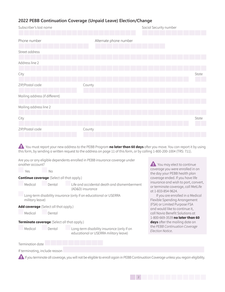 Form HCA50-0135 Pebb Continuation Coverage (Unpaid Leave) Election / Change - Washington, Page 2