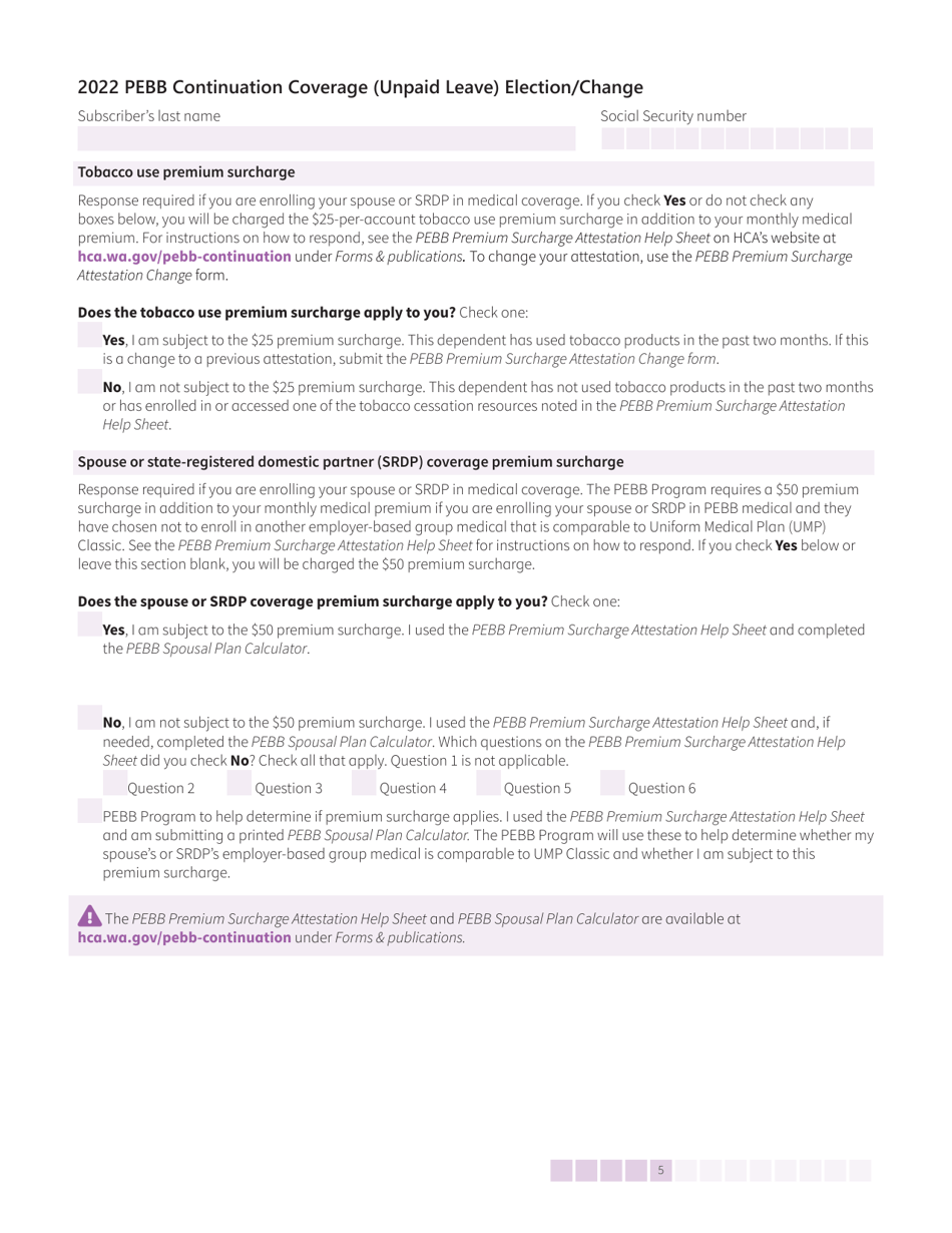 Form HCA50-0135 Pebb Continuation Coverage (Unpaid Leave) Election / Change - Washington, Page 5