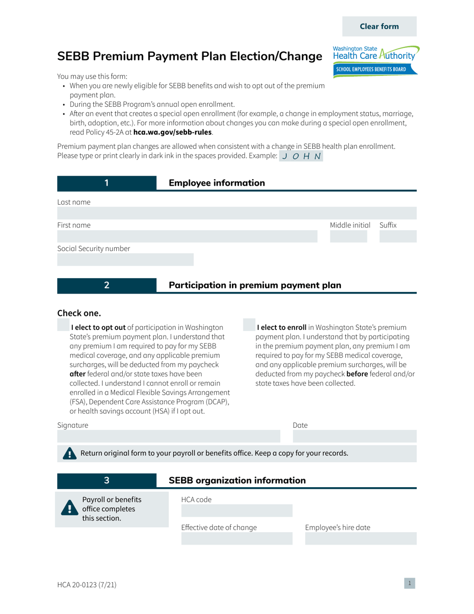 Form HCA20-0123 Sebb Premium Payment Plan Election / Change - Washington, Page 1
