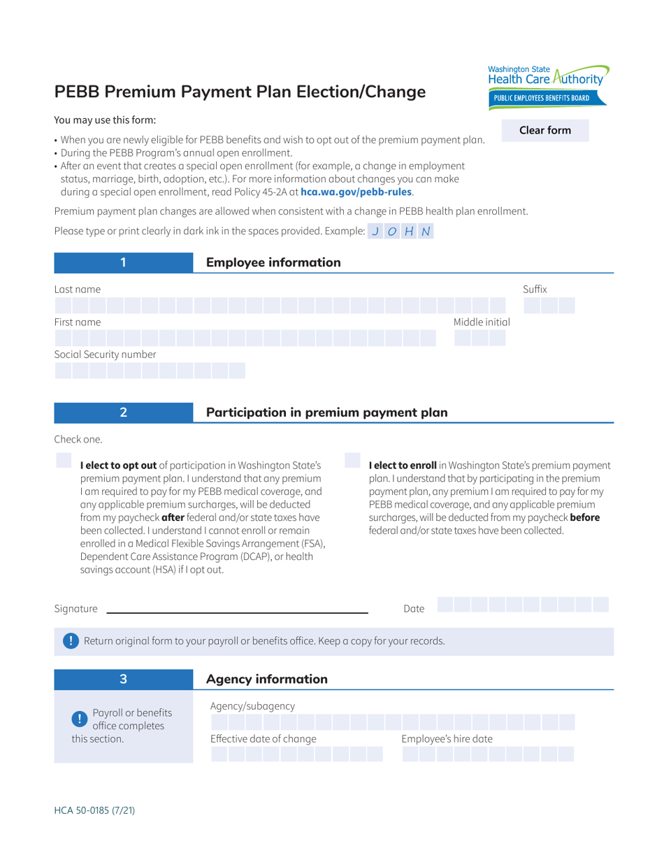 Form HCA50-0185 Pebb Premium Payment Plan Election / Change - Washington, Page 1