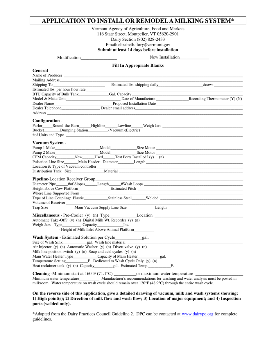 Application to Install or Remodel a Milking System - Vermont, Page 1