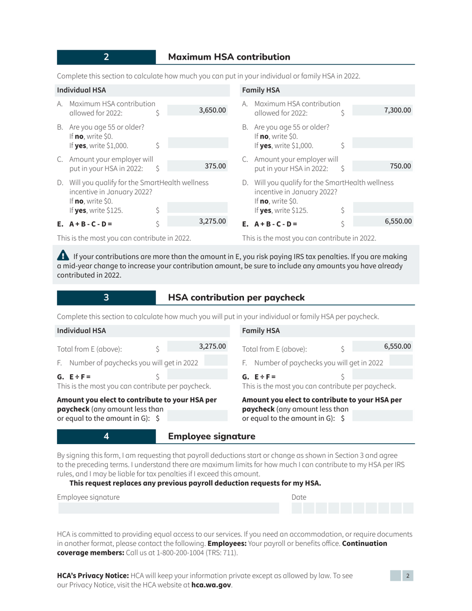 Form HCA20-0086 School Employee Authorization for Payroll Deduction to Health Savings Account - Washington, Page 2