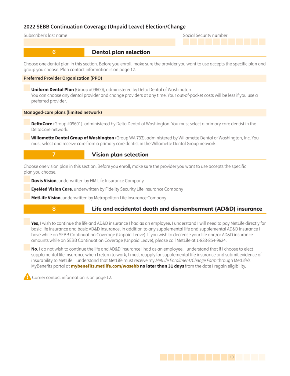 Form HCA20-0059 Sebb Continuation Coverage (Unpaid Leave) Election / Change - Washington, Page 10