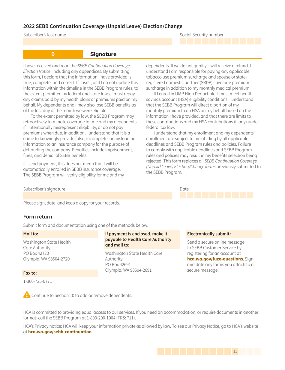 Form HCA20-0059 Sebb Continuation Coverage (Unpaid Leave) Election / Change - Washington, Page 11