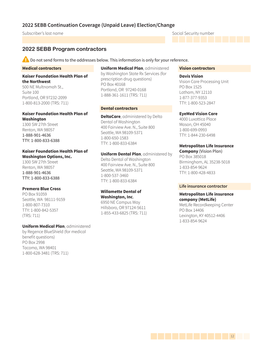 Form HCA20-0059 Sebb Continuation Coverage (Unpaid Leave) Election / Change - Washington, Page 12