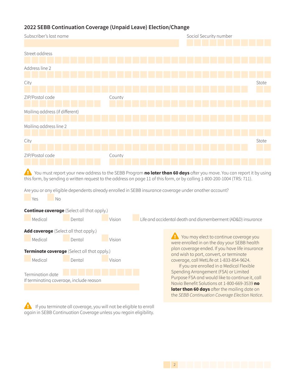 Form HCA20-0059 Sebb Continuation Coverage (Unpaid Leave) Election / Change - Washington, Page 2