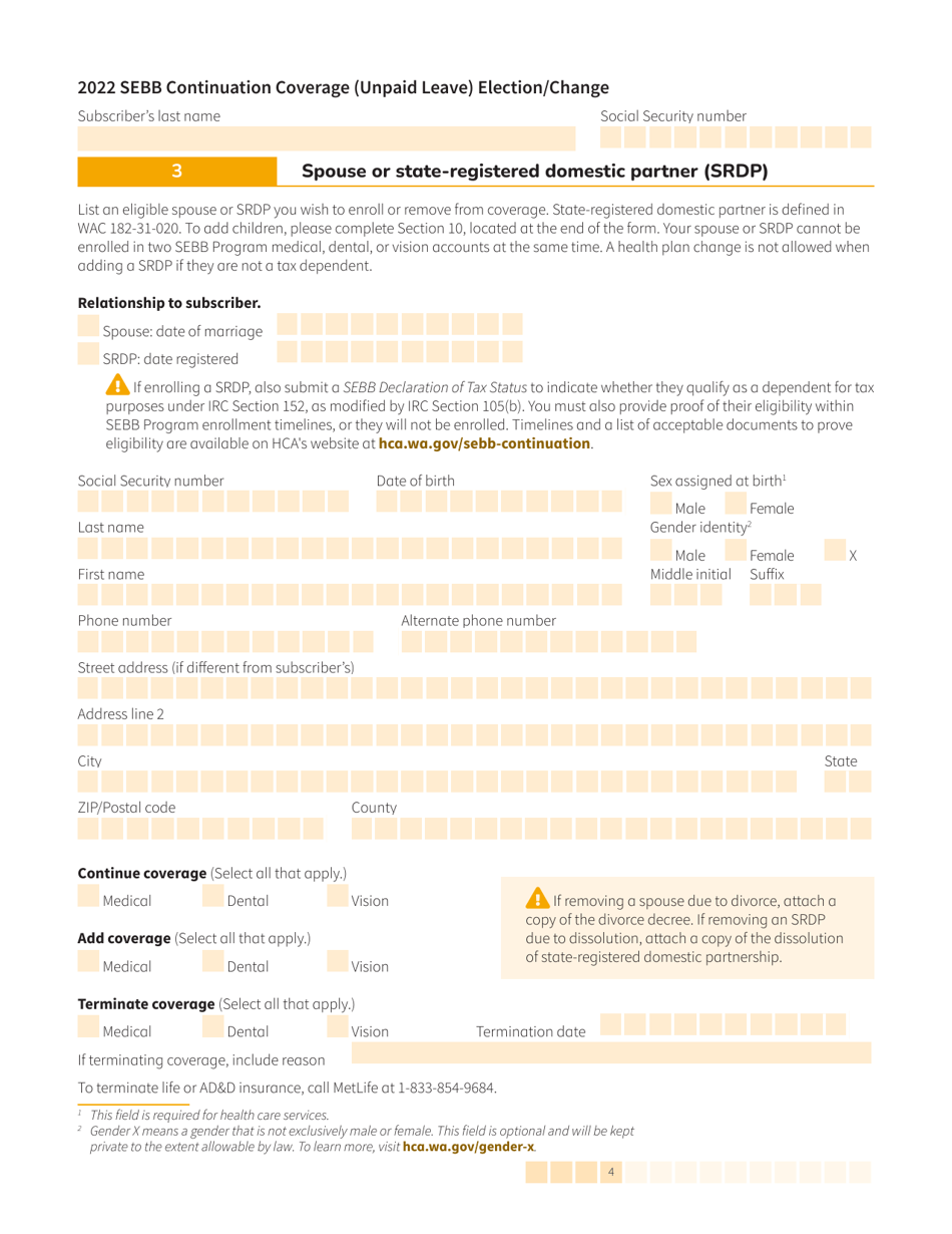 Form HCA20-0059 Sebb Continuation Coverage (Unpaid Leave) Election / Change - Washington, Page 4