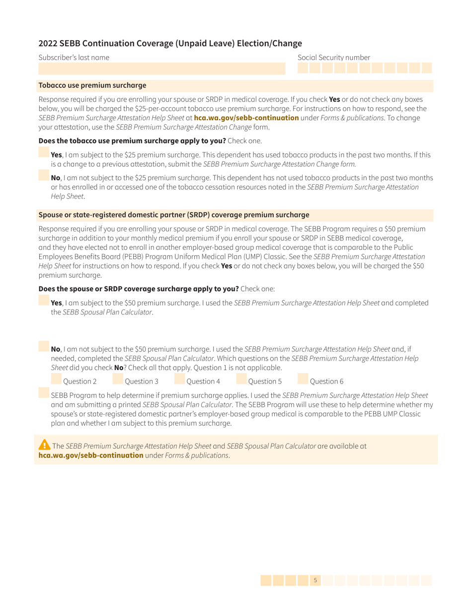 Form HCA20-0059 Sebb Continuation Coverage (Unpaid Leave) Election / Change - Washington, Page 5
