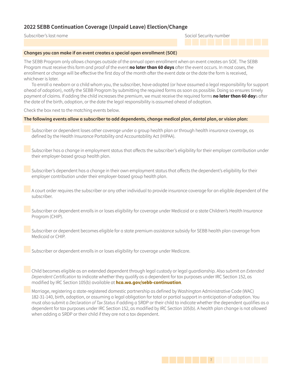 Form HCA20-0059 Sebb Continuation Coverage (Unpaid Leave) Election / Change - Washington, Page 7