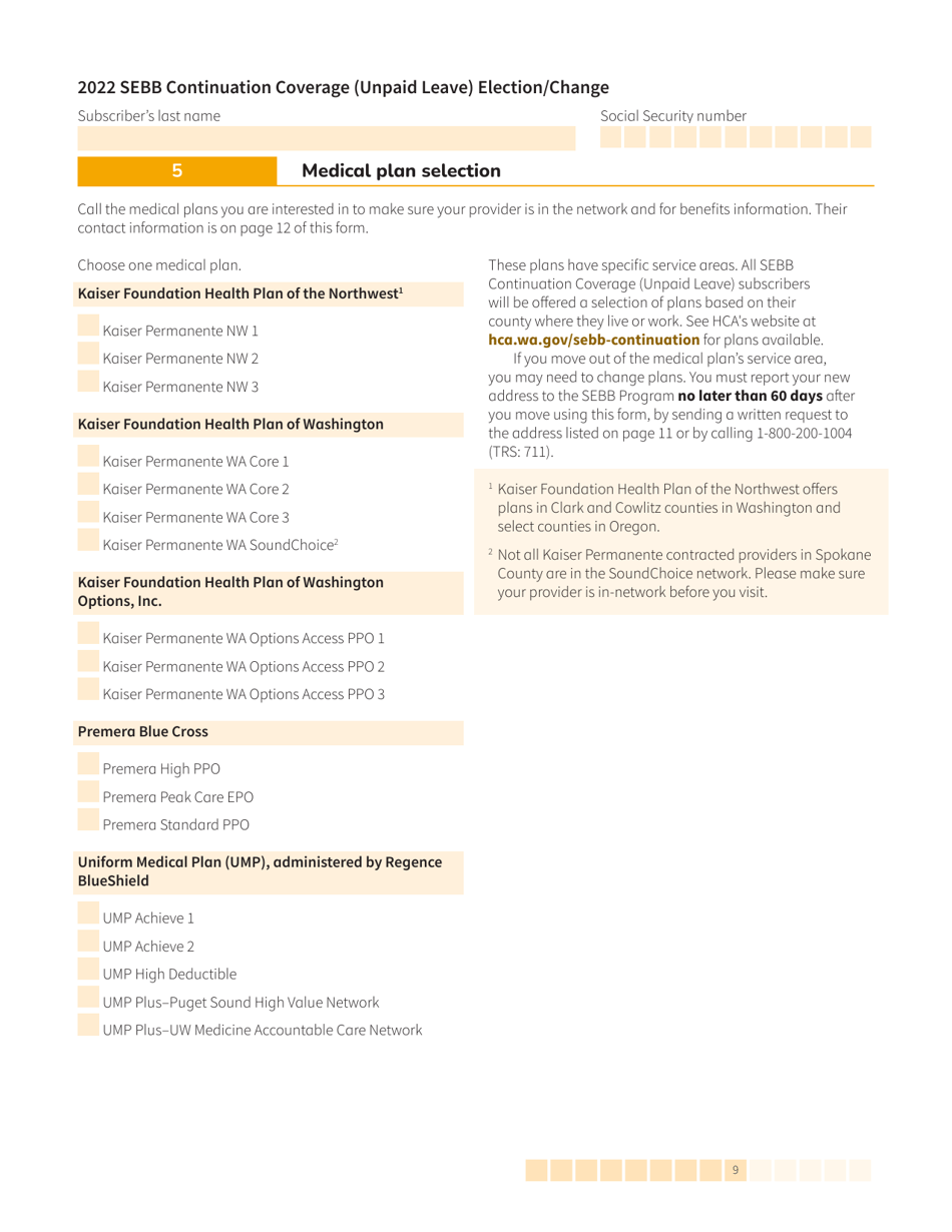 Form HCA20-0059 Sebb Continuation Coverage (Unpaid Leave) Election / Change - Washington, Page 9