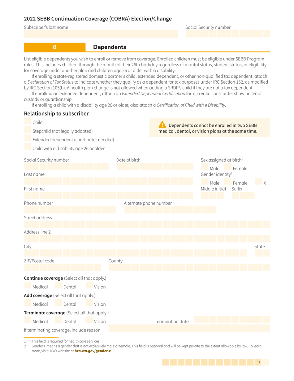 Form HCA20-0060 Sebb Continuation Coverage (Cobra) Election / Change - Washington, Page 13