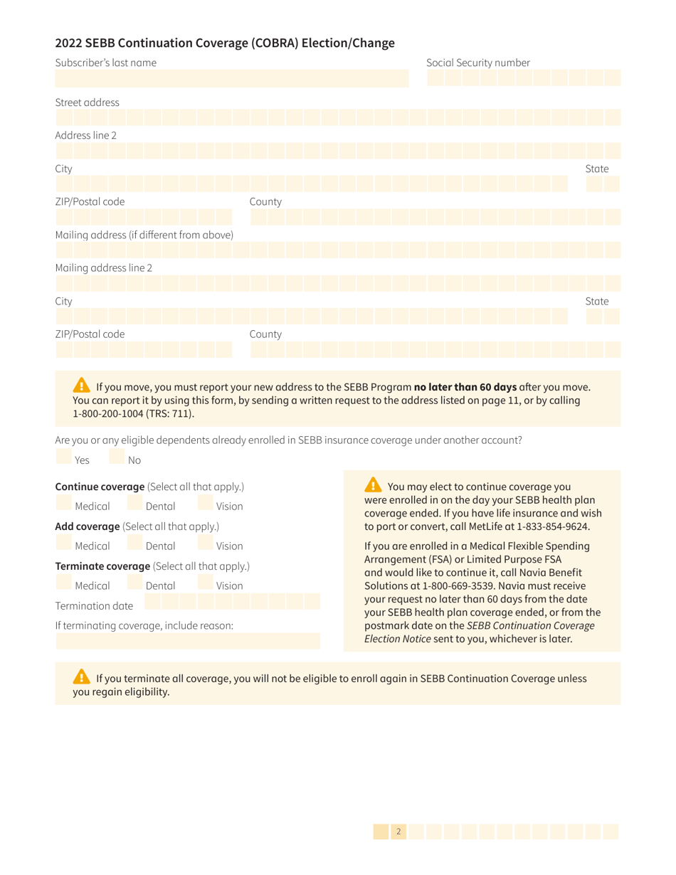 Form HCA20-0060 Sebb Continuation Coverage (Cobra) Election / Change - Washington, Page 2