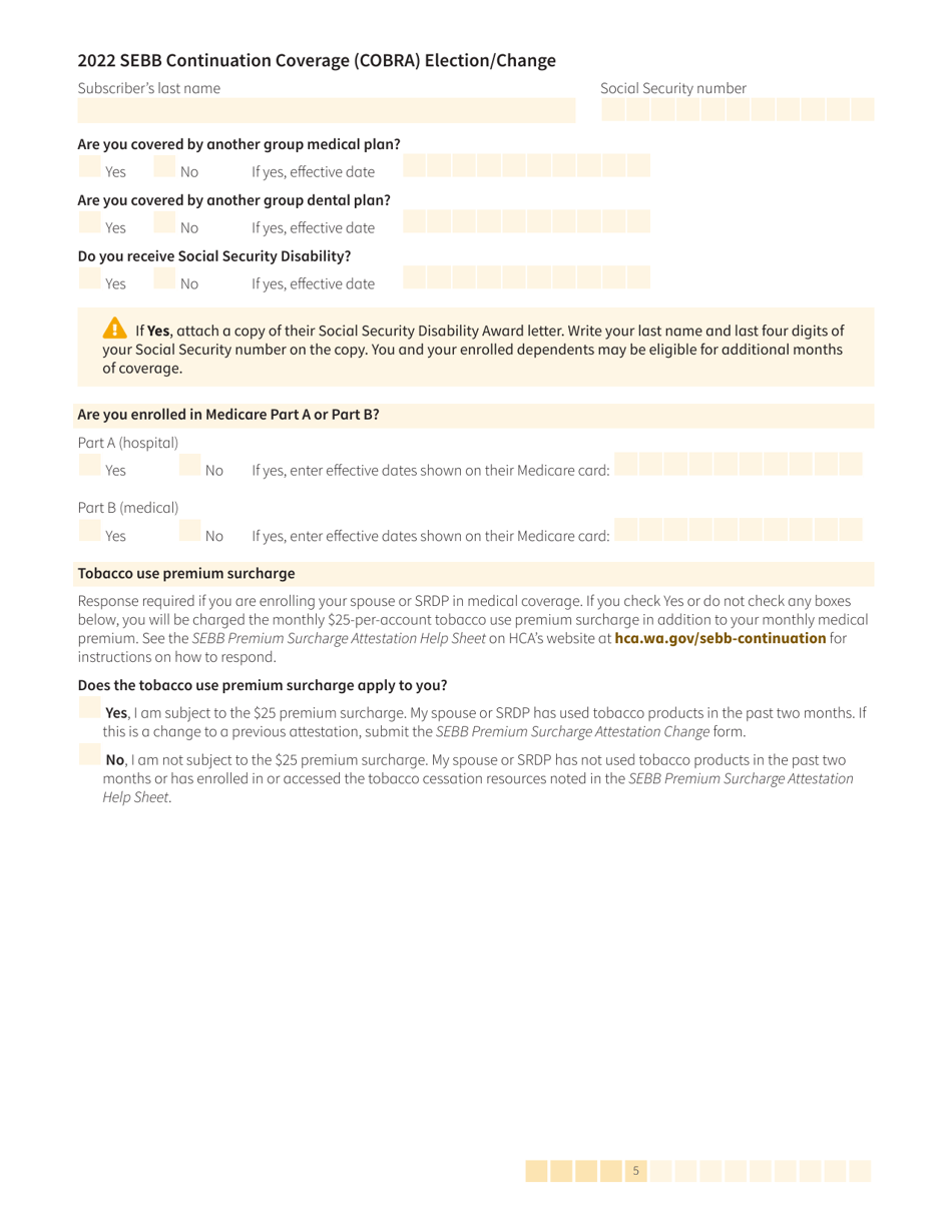 Form HCA20-0060 Sebb Continuation Coverage (Cobra) Election / Change - Washington, Page 5