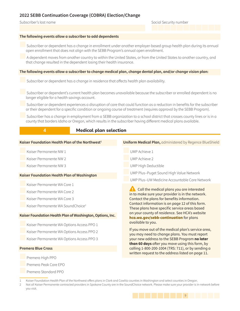 Form HCA20-0060 Sebb Continuation Coverage (Cobra) Election / Change - Washington, Page 9