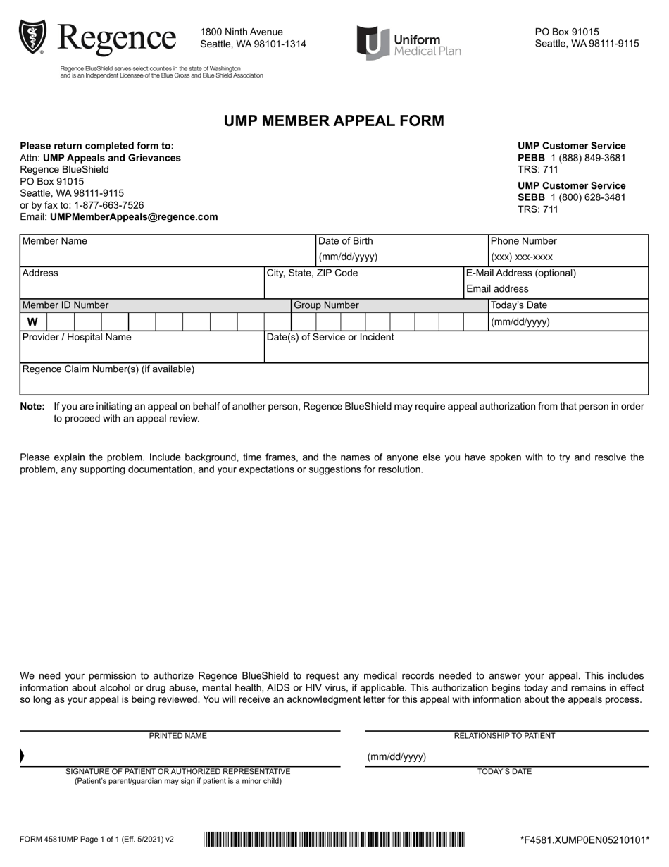 Form 4581UMP Ump Member Appeal Form - Washington, Page 1