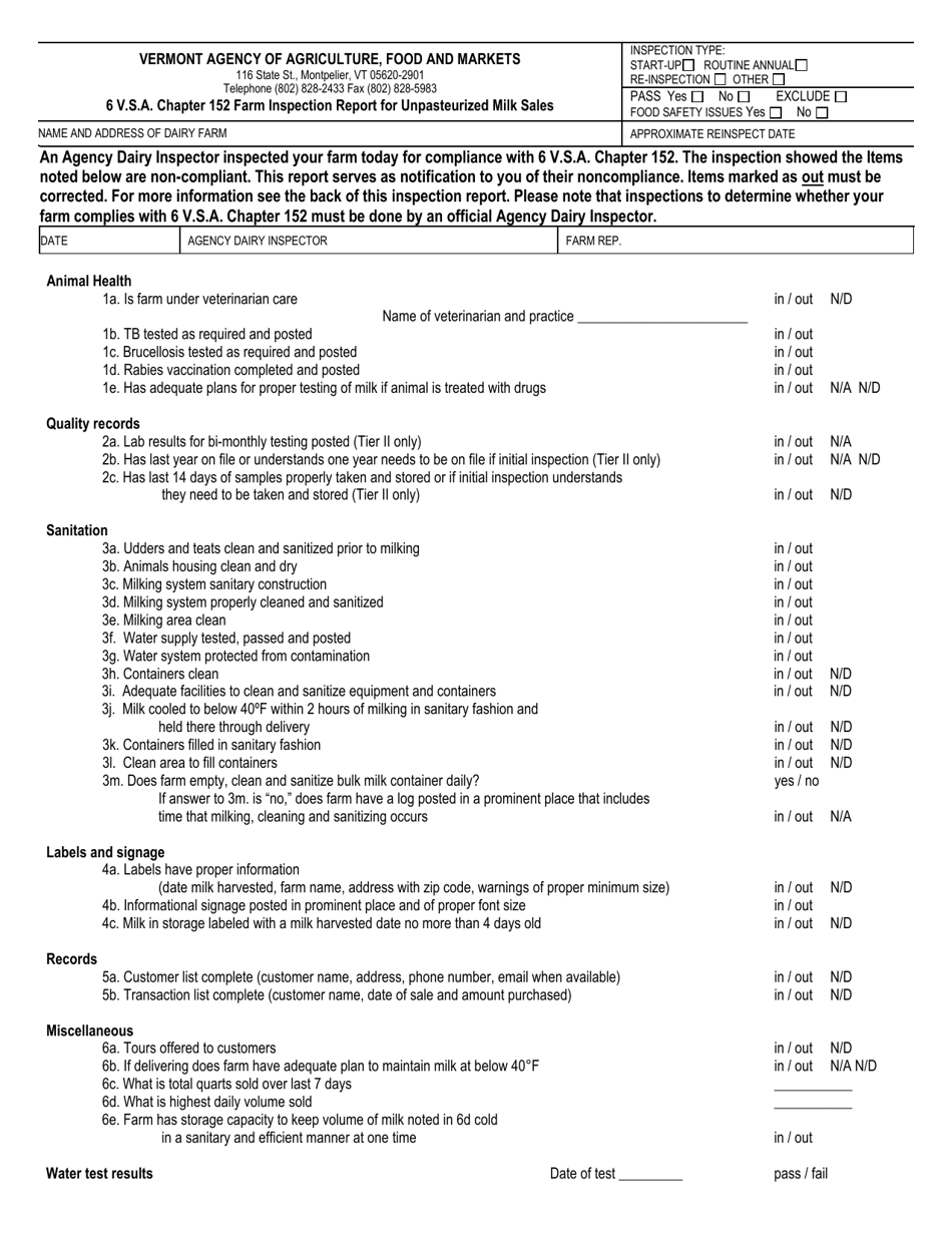 6 V.s.a. Chapter 152 Farm Inspection Report for Unpasteurized Milk Sales - Vermont, Page 1