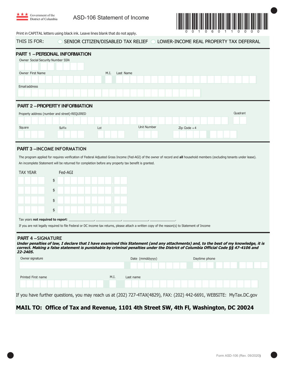 Form ASD-106 Statement of Income - Washington, D.C., Page 1