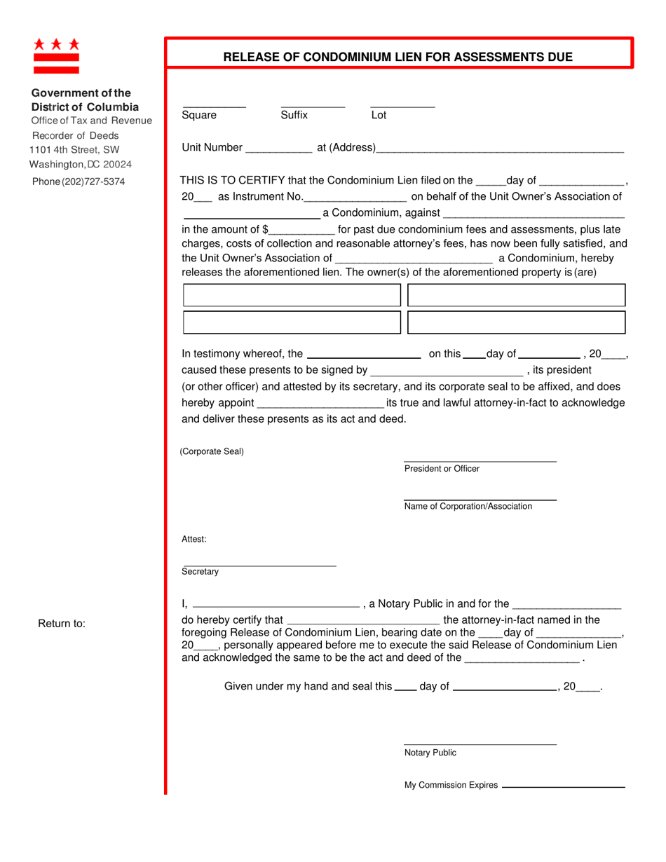 Form ROD13 Release of Condominium Lien for Assessments Due - Washington, D.C., Page 1